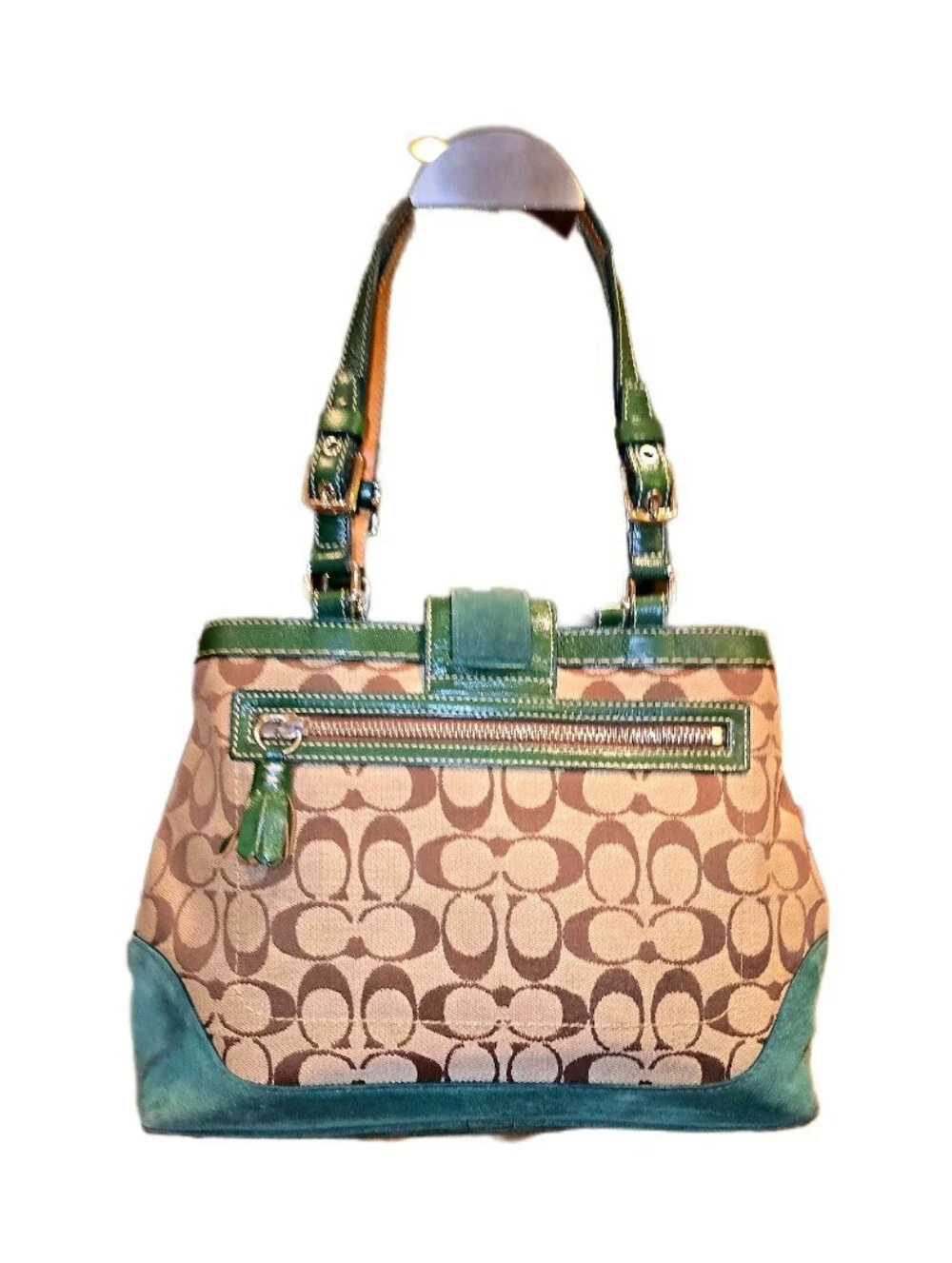 Coach Vintage Y2k Hampton Signature Green & Blue Suede Double Handled Tote Bag